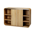 **Technische titel in het Nederlands: Moderne houten kast met schuifdeuren en open schappen**