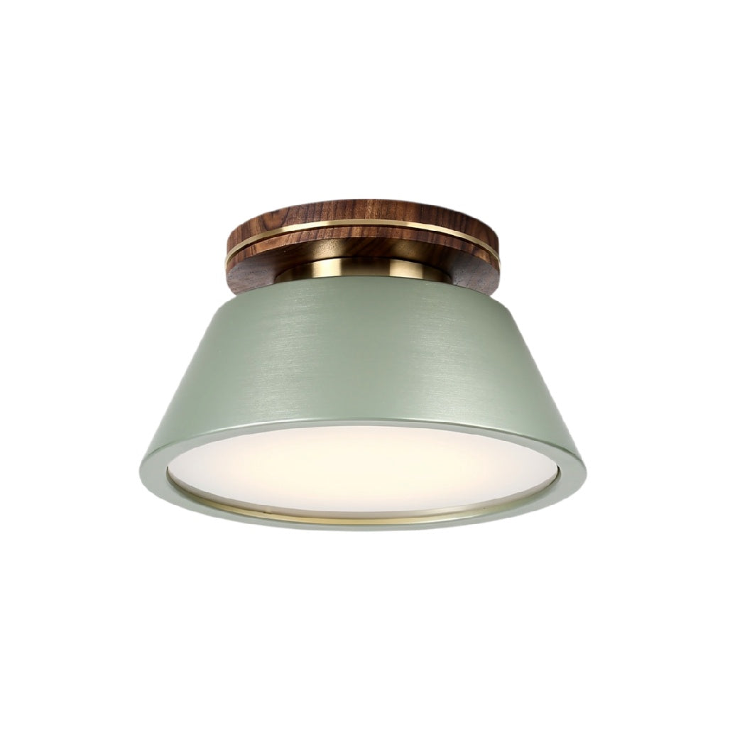 **Moderne plafondlamp met een matte groene kap en houten accent**